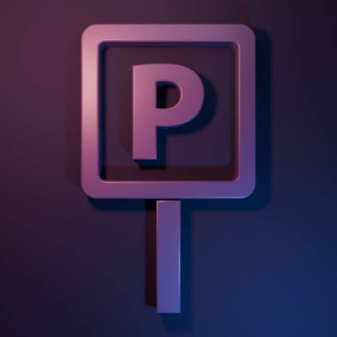 Mor-mavi arka planda izole edilmiş mor park simgesi. Sokak tabelası. Minimalizm kavramı. 3 Boyutlu resimleme.