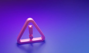 Mor-mavi arkaplanda izole edilmiş üçgen ikonunda pembe ünlem işareti. Tehlike uyarısı, dikkat, dikkat, tehlike uyarısı. Minimalizm kavramı. 3 Boyutlu resimleme.