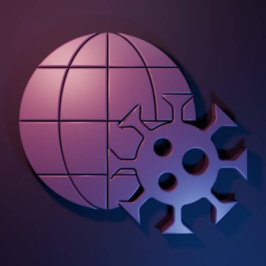 Mor-mavi arka planda izole edilmiş virüs ikonuna sahip mor dünya küresi. Corona virüsü 2019-nCoV. Bakteri ve mikroplar, hücre kanseri, mikrop, mantar. Minimalizm kavramı. 3 Boyutlu resimleme.