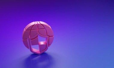 Mor-mavi arka planda izole edilmiş dünya küresi ikonu olan Pembe Kalkan. Sigorta konsepti. Güvenlik, güvenlik, koruma, gizlilik kavramı. Minimalizm kavramı. 3 Boyutlu resimleme.