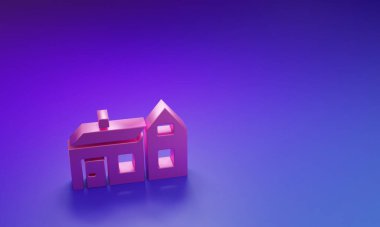 Mor-mavi arka planda izole edilmiş Pembe Ev simgesi. Ev sembolü. Minimalizm kavramı. 3 Boyutlu resimleme.