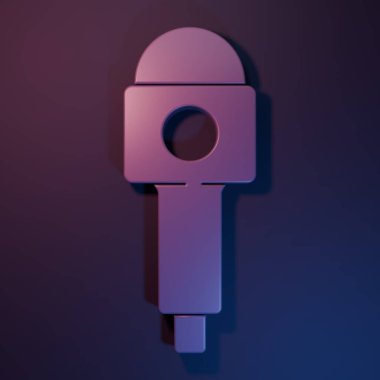 Mor-mavi arka planda izole edilmiş mor mikrofon simgesi. Radyodaki mikrofondan. Sözcü işareti. Minimalizm kavramı. 3 Boyutlu resimleme.