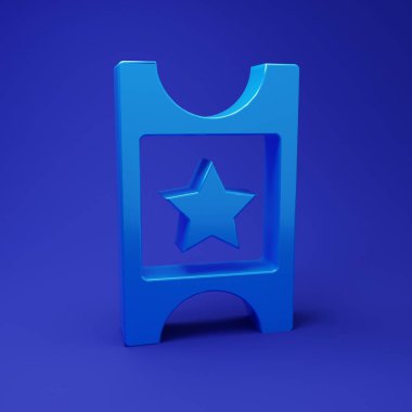 Mavi sinema bileti ikonu mavi arka planda izole edildi. Minimalizm kavramı. 3 Boyutlu resimleme.