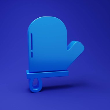 Mavi fırın eldiveni ikonu mavi arkaplanda izole edilmiş. Mutfak tutacağı işareti. Yemek eldiveni. Minimalizm kavramı. 3 Boyutlu resimleme.