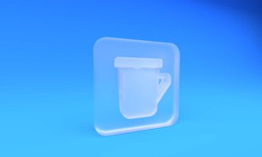 Mavi arka planda izole edilmiş buzlu cam kahve fincanı ikonu. Çay fincanı. Sıcak içecek kahvesi. Kare buzlu cam düğme. 3 Boyutlu resimleme.