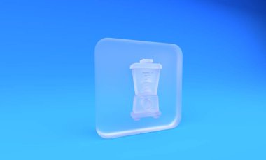 Mavi arkaplanda izole edilmiş buzlu cam karıştırıcı simgesi. Mutfak elektrikli kırıcı ve kase. Meyve suyu, kokteyl ya da meyve suyu. Kare buzlu cam düğme. 3 Boyutlu resimleme.