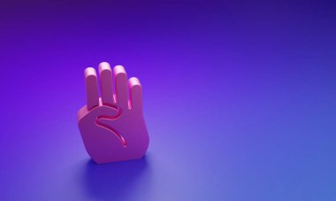 Mor-mavi arka planda izole edilmiş pembe Kızılderili sembolü el simgesi. Minimalizm kavramı. 3 Boyutlu resimleme.