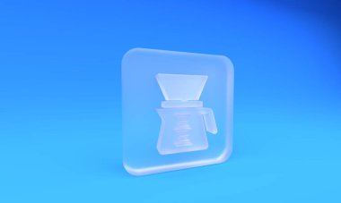 Buzlu cam kahve makinesi ikonunun üzerine dökülüyor mavi arka planda izole edilmiş. Alternatif kahve demleme yöntemleri. Kahve kültürü. Kare buzlu cam düğme. 3 Boyutlu resimleme.