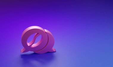 Pembe kahve ve sohbet ikonu mor-mavi arka planda izole edilmiş. Kahve sohbeti. Konuşma baloncukları sohbet ediyor. Minimalizm kavramı. 3 Boyutlu resimleme.