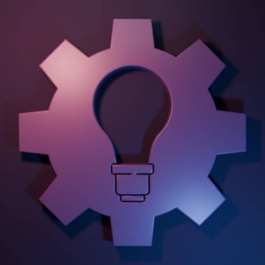 Mor ışıklı ampul ve dişli ikonu mor-mavi arkaplanda izole edilmiş. Yenilik kavramı. İş fikri. Minimalizm kavramı. 3 Boyutlu resimleme.