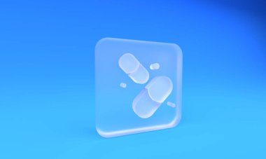 Mavi arka planda izole edilmiş hap kapsülü ikonu vitamin kompleksi. Sağlıklı bir yaşam tarzı. Kare buzlu cam düğme. 3 Boyutlu resimleme.