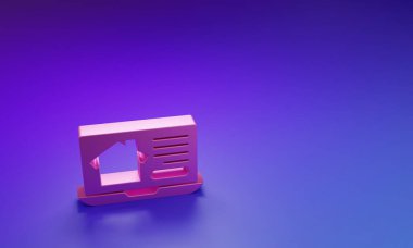 Dizüstü bilgisayardaki Pink Online emlak evi mor-mavi arka planda izole edilmiş. Ev kredisi konsepti, kira, satın alma, mülk alma. Minimalizm kavramı. 3 Boyutlu resimleme.
