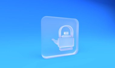 Mavi zemin üzerinde ikon olan buzlu cam çaydanlık. Çaydanlık ikonu. Kare buzlu cam düğme. 3 Boyutlu resimleme.