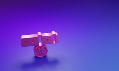 Mor-mavi arkaplanda isim etiketi simgesi olan pembe yakalı. Evcil hayvan malzemeleri. Köpek ya da kedi pençesi izi. Kedi köpek bakımı. Evcil hayvan zincirleri. Minimalizm kavramı. 3 Boyutlu resimleme.