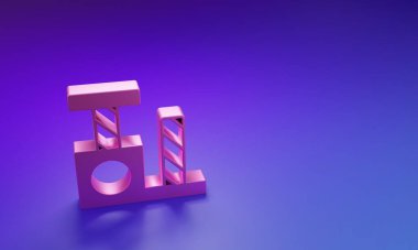 Mor-mavi arka planda izole edilmiş oyuncak ikonu olan pembe kedi tırmalama direği. Minimalizm kavramı. 3 Boyutlu resimleme.