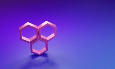 Mor-mavi arkaplanda izole edilmiş pembe bal peteği simgesi. Bal hücrelerinin sembolü. Tatlı doğal yemek. Minimalizm kavramı. 3 Boyutlu resimleme.