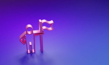 Pembe Adam 'ın elinde mor-mavi arkaplanda izole edilmiş bir bayrak simgesi var. Zafer, kazanmak ve zorluk konseptini fethetmek. Minimalizm kavramı. 3 Boyutlu resimleme.