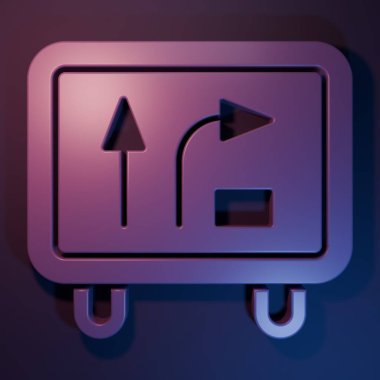 Mor Yol trafik işareti. Mor-mavi arkaplanda izole edilmiş işaret simgesi. İşaretçi sembolü. İzole sokak bilgi levhası. Yön tabelası. Minimalizm kavramı. 3 Boyutlu resimleme.