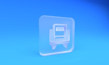 Buzlu cam kutsal Kur 'an ikonu mavi arka planda izole edilmiş. Müslüman bayramı, Kurban Bayramı, Kurban Bayramı, Ramazan Kareem. Kare buzlu cam düğme. 3 Boyutlu resimleme.