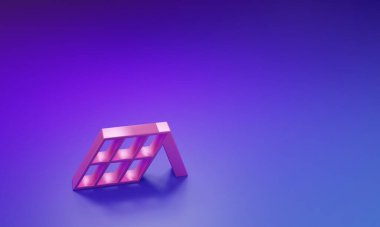 Mor-mavi arka planda izole edilmiş pembe güneş enerjisi simgesi. Minimalizm kavramı. 3 Boyutlu resimleme.
