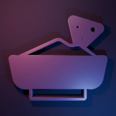 Mor-mavi arka planda izole edilmiş kase ikonunda mor nachos. Tortilla cipsi veya nachos tortilla. Geleneksel Meksika fast food menüsü. Minimalizm kavramı. 3 Boyutlu resimleme.