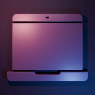 Mor dizüstü bilgisayar simgesi mor-mavi arkaplanda izole edildi. Boş ekran işaretli bilgisayar defteri. Minimalizm kavramı. 3 Boyutlu resimleme.