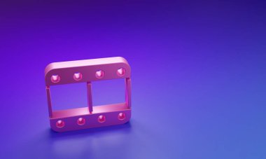 Mor-mavi arkaplanda izole edilmiş Pembe Oyun video simgesi. Film şeridi tabelası. Minimalizm kavramı. 3 Boyutlu resimleme.