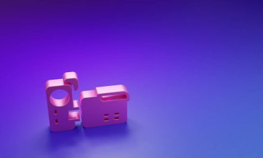 Mor-mavi arkaplanda izole edilmiş pembe sinema kamera ikonu. Video kamera. Film tabelası. Film projektörü. Minimalizm kavramı. 3 Boyutlu resimleme.