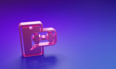 Mor-mavi arka planda izole edilmiş spor simgesi için Pembe Fitness uygulaması. Sağlık hizmeti mobil uygulama kavramı. Çevrimiçi fitness ya da seyyar antrenör. Minimalizm kavramı. 3 Boyutlu resimleme.