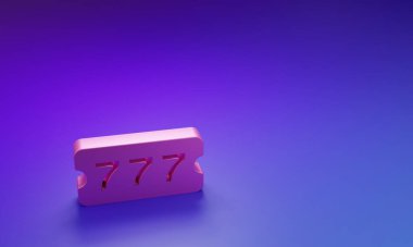 Mor-mavi arka planda izole edilmiş pembe piyango bileti ikonu. Bingo, loto, nakit para ödülleri. Finansal başarı, refah, zafer, kazanma şansı. Minimalizm kavramı. 3 Boyutlu resimleme.