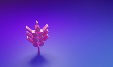 Pembe gevrekler, pirinç, buğday, mısır, yulaf, çavdar, mor-mavi arka planda izole edilmiş arpa ikonu. Buğday ekmeği sembolleri. Minimalizm kavramı. 3 Boyutlu resimleme.