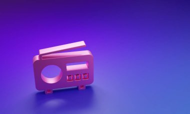 Mor-mavi arka planda izole edilmiş anten simgesi olan pembe radyo. Minimalizm kavramı. 3 Boyutlu resimleme.
