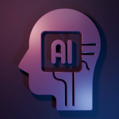 Mor İnsansı robot simgesi mor-mavi arkaplanda izole edildi. Yapay zeka, makine öğrenme, bulut hesaplama. Minimalizm kavramı. 3 Boyutlu resimleme.