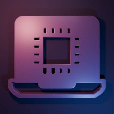 Mor-mavi arka planda izole edilmiş mikro devre işlemci simgesine sahip mor bilgisayar işlemcisi. Devre kartlı çip ya da işlemci. Mikro işlemci. Minimalizm kavramı. 3 Boyutlu resimleme.