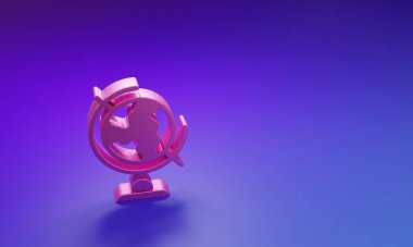 Mor-mavi arkaplanda izole edilmiş pembe Dünya küre ikonu. Minimalizm kavramı. 3 Boyutlu resimleme.