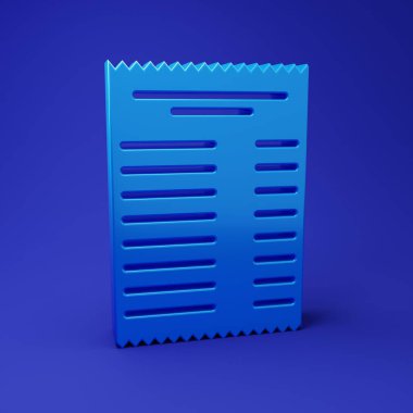 Mavi kağıt kontrol ve mali kontrol ikonu mavi arka planda izole edildi. Kağıt baskı çeki, makbuz ya da fatura. Minimalizm kavramı. 3 Boyutlu resimleme.