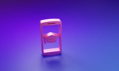 Mor-mavi arkaplanda izole edilmiş akıllı telefon simgesindeki pembe mezuniyet başlığı. Çevrimiçi öğrenme ya da e-öğrenme kavramı. Minimalizm kavramı. 3 Boyutlu resimleme.