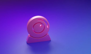 Mor-mavi arkaplanda izole edilmiş pembe Web kamera simgesi. Sohbet kamerası. Web kamerası simgesi. Minimalizm kavramı. 3 Boyutlu resimleme.