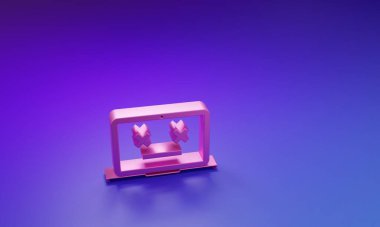 Mor-mavi arkaplanda Pembe Ölü dizüstü bilgisayar simgesi izole edildi. Ölü emojili dizüstü bilgisayar gibi 404 hata. Bilgisayar sisteminde ölümcül hata. Minimalizm kavramı. 3 Boyutlu resimleme.