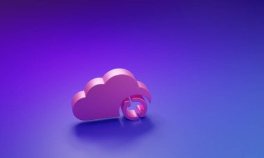 Pembe Bulut eşleştirme simgesi mor-mavi arkaplanda izole edildi. Bulut ve oklar. Minimalizm kavramı. 3 Boyutlu resimleme.