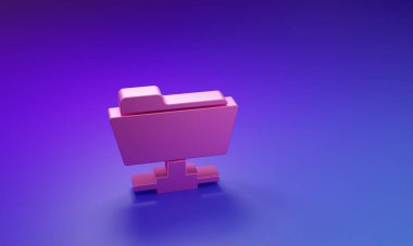 Mor-mavi arkaplanda izole edilmiş pembe FTP dizin simgesi. Yazılım güncellemesi, transfer protokolü, yönlendirici, takım çalışması aracı yönetimi, kopyalama süreci, bilgi. Minimalizm kavramı. 3 Boyutlu resimleme.