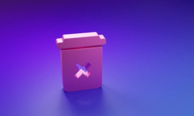 Mor-mavi arkaplanda izole edilmiş pembe çöp kutusu simgesi. Simgeyi sil. Çöp kutusu tabelası. Sepet simgesini geri dönüştür. Ofis çöpü ikonu. Minimalizm kavramı. 3 Boyutlu resimleme.