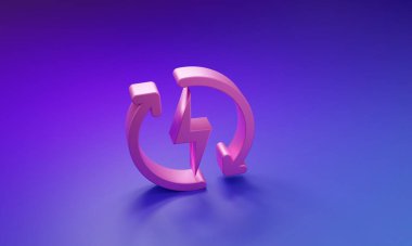 Mor-mavi arkaplanda izole edilmiş pembe şarj simgesi. Elektrik enerjisi işareti. Minimalizm kavramı. 3 Boyutlu resimleme.
