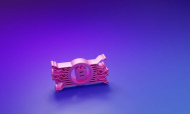 Mor-mavi arka planda izole edilmiş mikroçip devre ikonu ile daire içinde pembe kripto para birimi bitcoin. Engelleme teknolojisi, dijital para piyasası. Minimalizm kavramı. 3 Boyutlu resimleme.