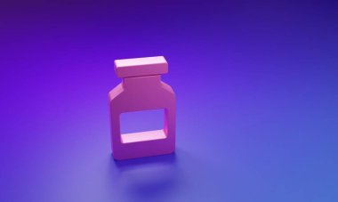 Mor-mavi arka planda izole edilmiş pembe ilaç şişesi ikonu. Şişe hapı işareti. Eczane tasarımı. Minimalizm kavramı. 3 Boyutlu resimleme.