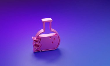 Pembe DNA araştırması, mor-mavi arka planda izole edilmiş bir arama simgesi. Genetik mühendisliği, genetik testler, klonlama, babalık testleri. Minimalizm kavramı. 3 Boyutlu resimleme.