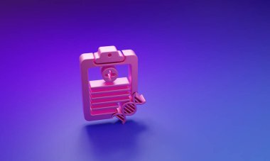 Mor-mavi arka planda izole edilmiş DNA analiz simgesine sahip pembe pano. Genetik mühendisliği, genetik testler, klonlama, babalık testleri. Minimalizm kavramı. 3 Boyutlu resimleme.