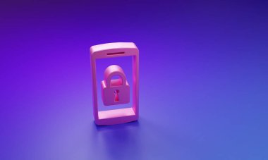 Mor-mavi arka planda kapalı asma kilit simgesine sahip pembe akıllı telefon. Kilitli telefon. Gezici güvenlik, güvenlik, koruma konsepti. Minimalizm kavramı. 3 Boyutlu resimleme.