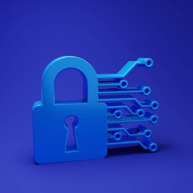Mavi Siber Güvenlik simgesi mavi arkaplanda izole edildi. Dijital devre kartında kapalı asma kilit. Güvenlik kavramı. Dijital veri koruması. Minimalizm kavramı. 3 Boyutlu resimleme.