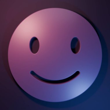 Mor Gülen Yüz ikonu, mor-mavi arka planda izole edilmiş. Gülümseyen ifade. Mutlu gülümseme sohbet sembolleri. Minimalizm kavramı. 3 Boyutlu resimleme.